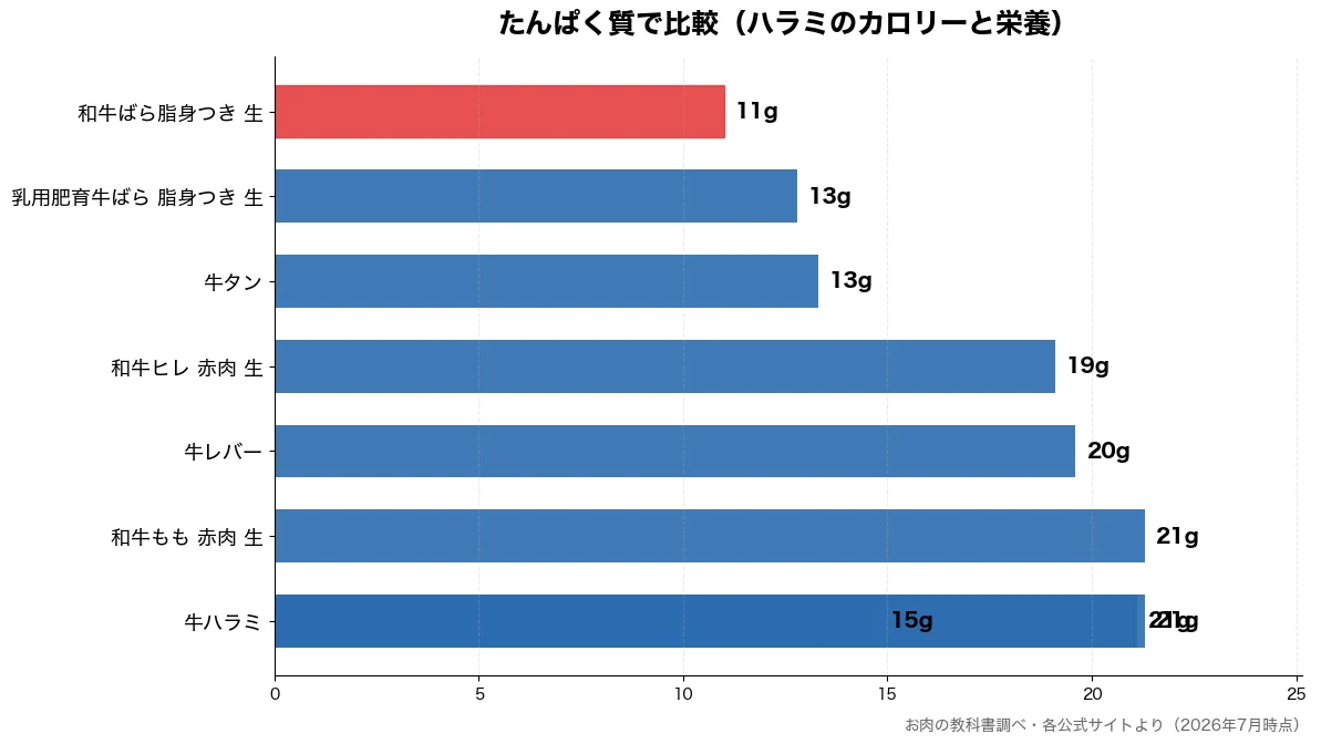 たんぱく質の比較チャート(和牛ばら脂身つき 生 11g・乳用肥育牛ばら 脂身つき 13g・牛タン 13g・牛ハラミ 15g)