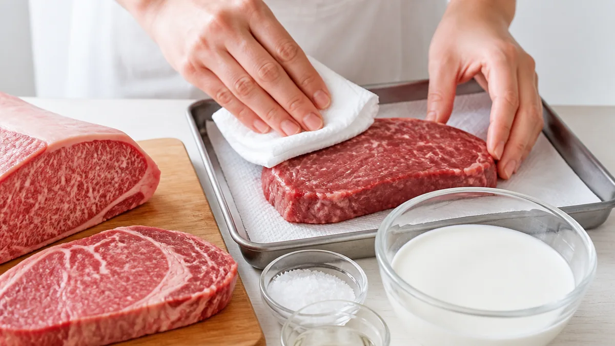 牛肉臭み消しの土台は下処理3ステップ|拭く→塩→牛乳の解説画像
