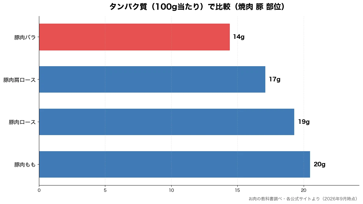 タンパク質(100g当たり)の比較チャート(豚肉バラ 14g・豚肉肩ロース 17g・豚肉ロース 19g・豚肉もも 20g)