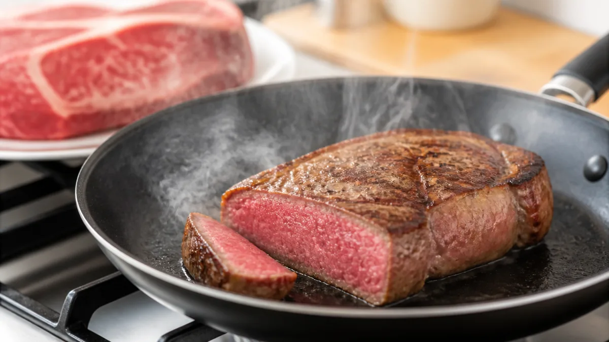 家のフライパン1つで、厚切り肉を仕上げる手順の解説画像