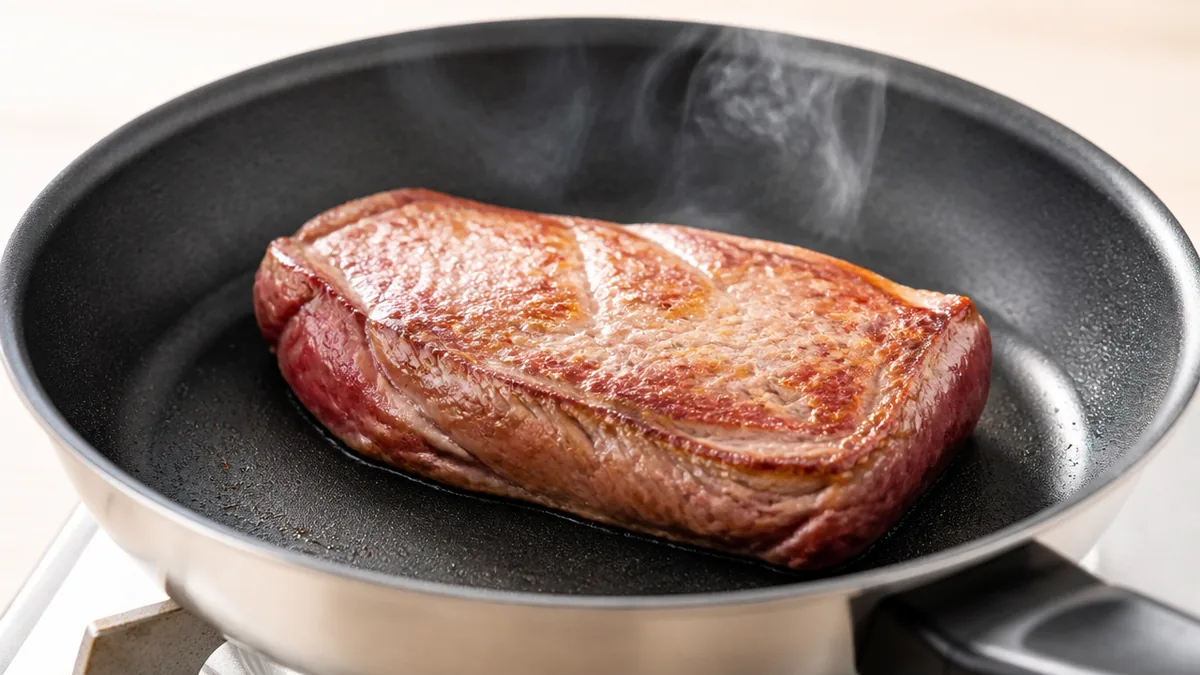 かたまり肉の焼き方の本命はフライパン｜冷たい状態から火にかけるの解説画像
